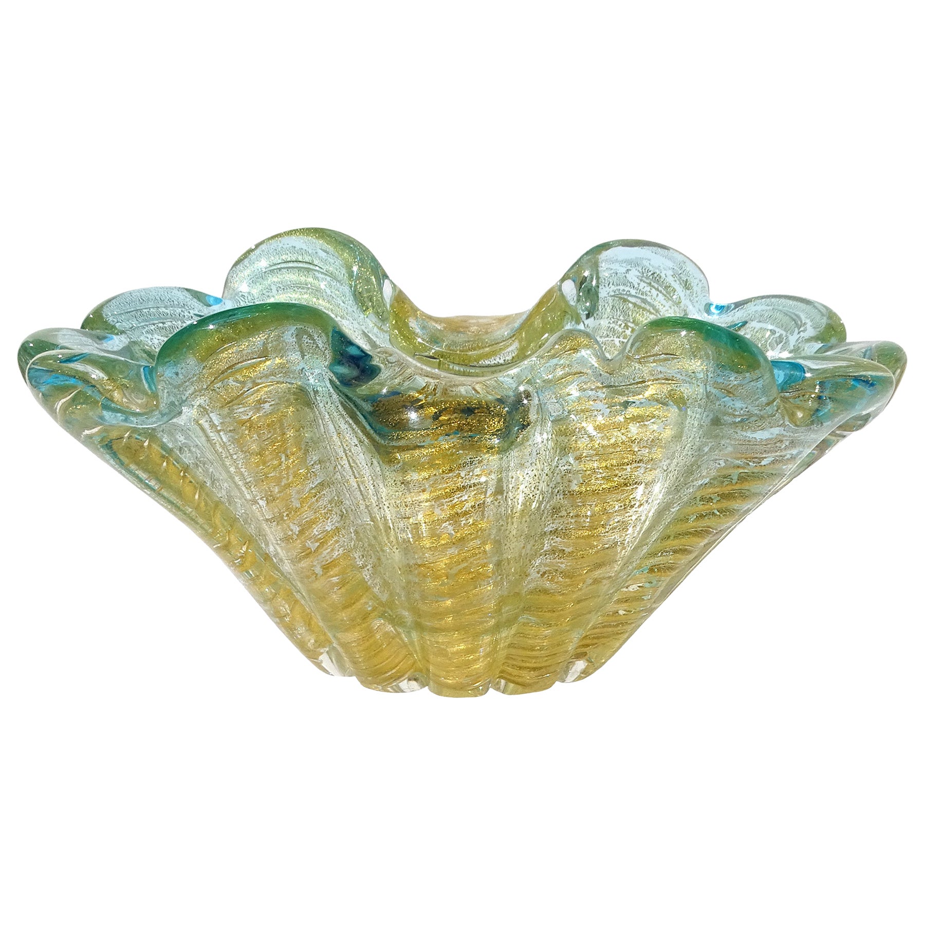 Cuenco decorativo de cristal artístico italiano de Murano con borde aguamarina y motas doradas en venta