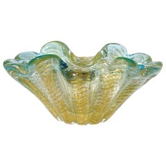Murano Aqua Rim Gold Flecks Ribbed Surface Italian Art Glass Decorative Bowl