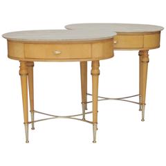 Pair of Italian 1950s Oval Marble-Topped Maple Side Tables