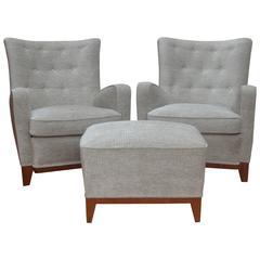 Pair of Swedish 1930s Art Deco Armchairs and Matching Footstool