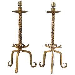 Pair of 1940 Gilded Subes Style Art Deco Table Lamps France 4