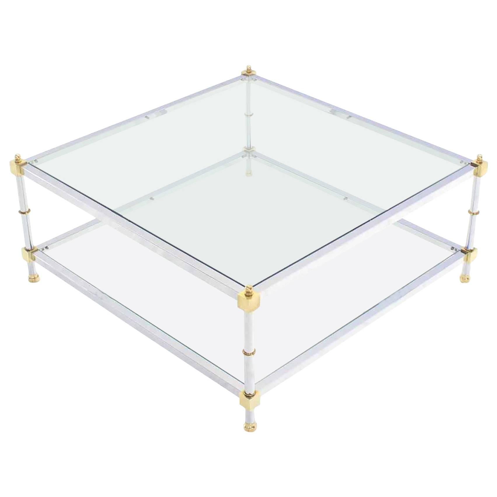 Large 37x37  Square 2 Tier Chrome Brass Glass top Coffee Table For Sale