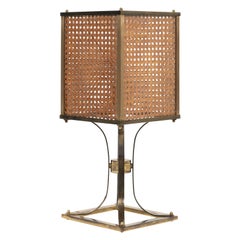 Mid-Century-Tischlampe aus Messing, Glas und Korbweide im Romeo Rega-Stil, Italien 1970er Jahre