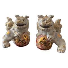 Pair of Vintage Japanese Kutani Porcelain Foo Dogs / Temple Lions
