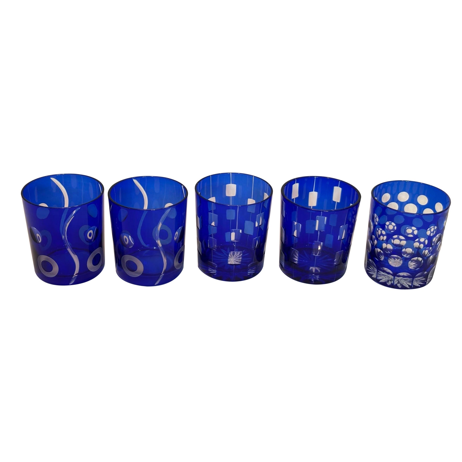 Bicchieri di cristallo ceco blu cobalto di Ajka Hungary, set di 5 bicchieri
