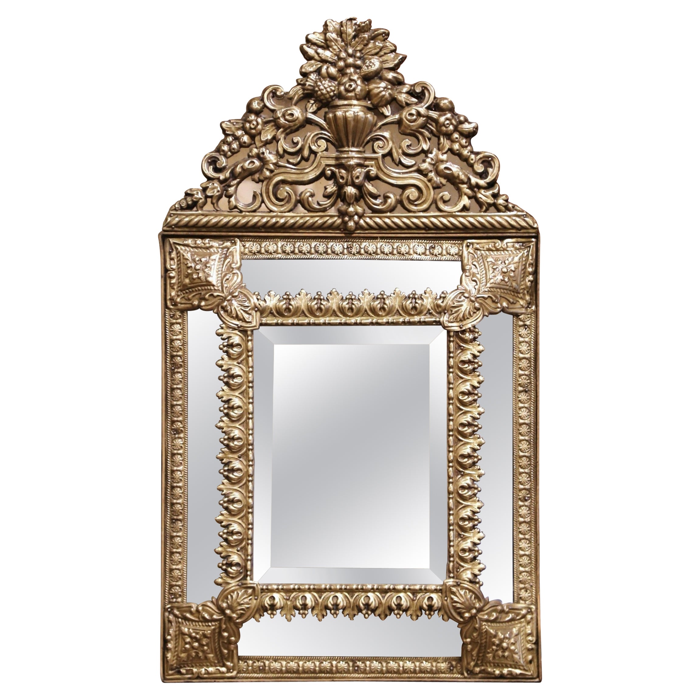 19th Century French Napoleon III Repousse Cushion Brass Beveled Wall Mirror