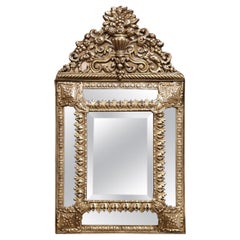 19th Century French Napoleon III Repousse Cushion Brass Beveled Wall Mirror