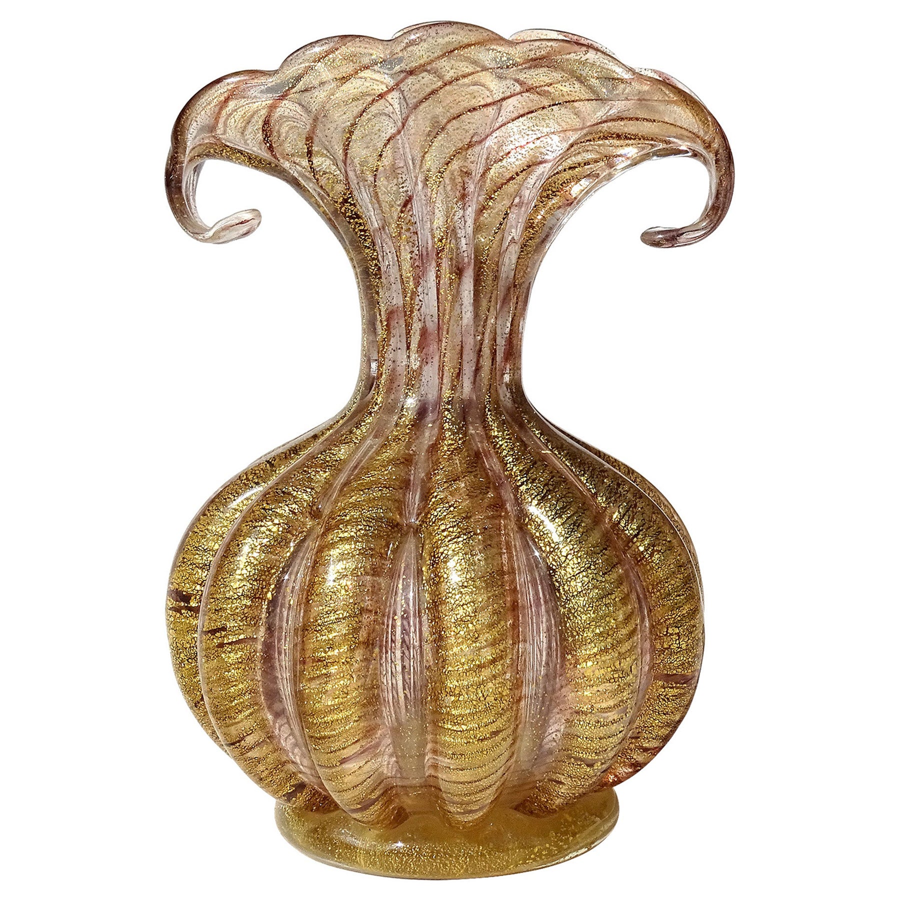 Barovier Toso Murano Purple Gold Flecks Italian Art Glass Fan Top Flower Vase