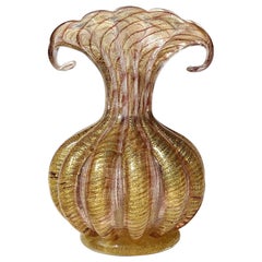 Barovier Toso Murano Purple Gold Flecks Italian Art Glass Fan Top Flower Vase