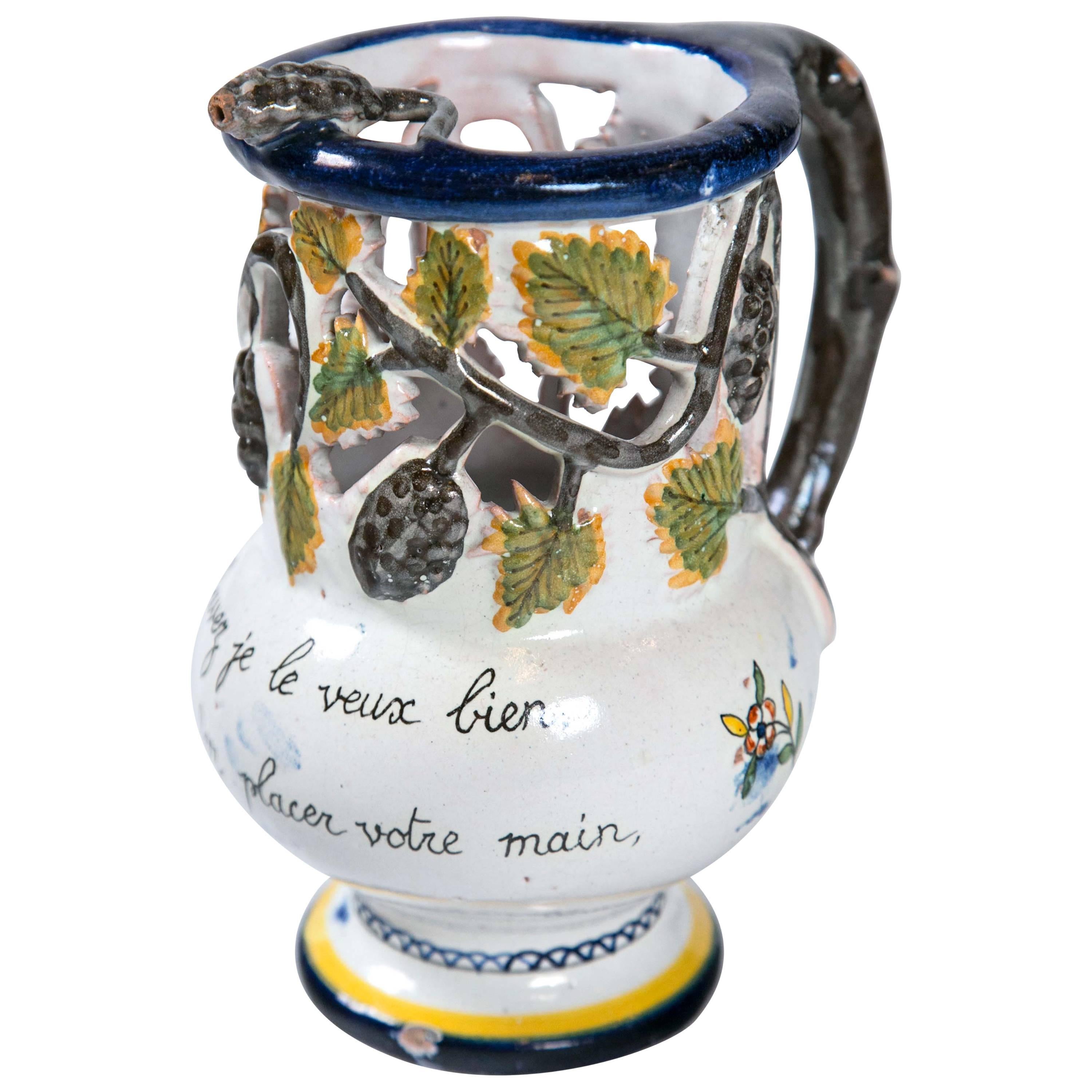 French Faience Puzzle Jug, Late 19th Century For Sale