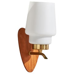 Swedish Designer, Wall Light, Brass, Teak, Glass, Sweden, 1970s