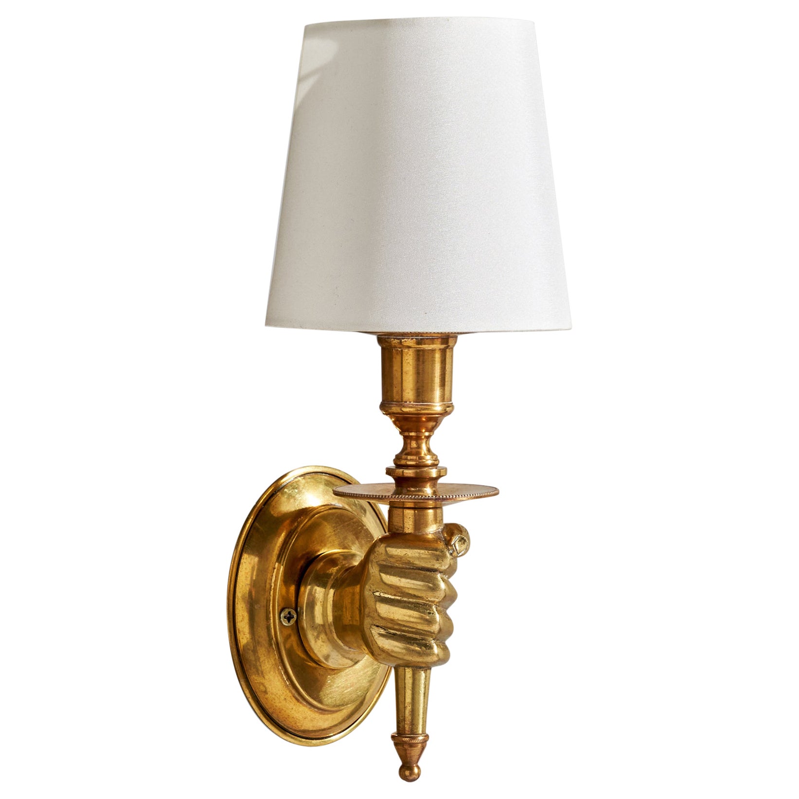 French Designer, Wall Light, Brass, Fabric, France, 1950s