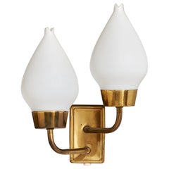 Swedish Designer, Wall Light, Brass, Glass, Sweden, 1950s