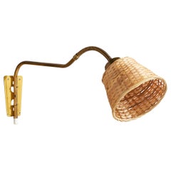Swedish Designer, Wall Light, Brass, Metal, Rattan, Sweden, 1940s