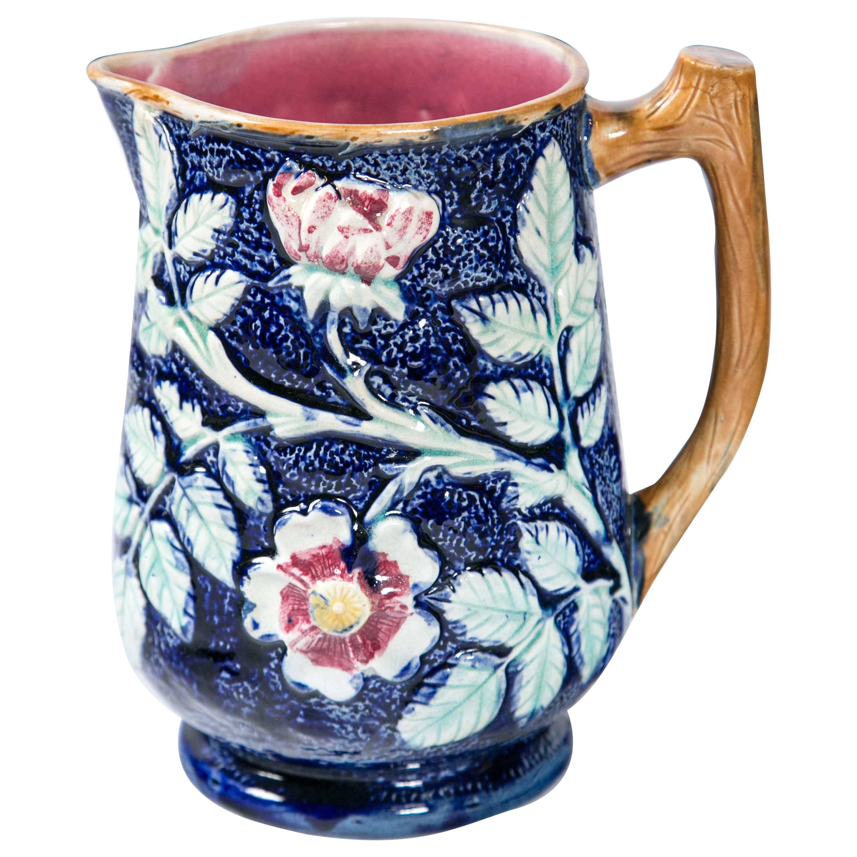 English Majolica Pitcher, "Wild Rose, " Late 19th Century