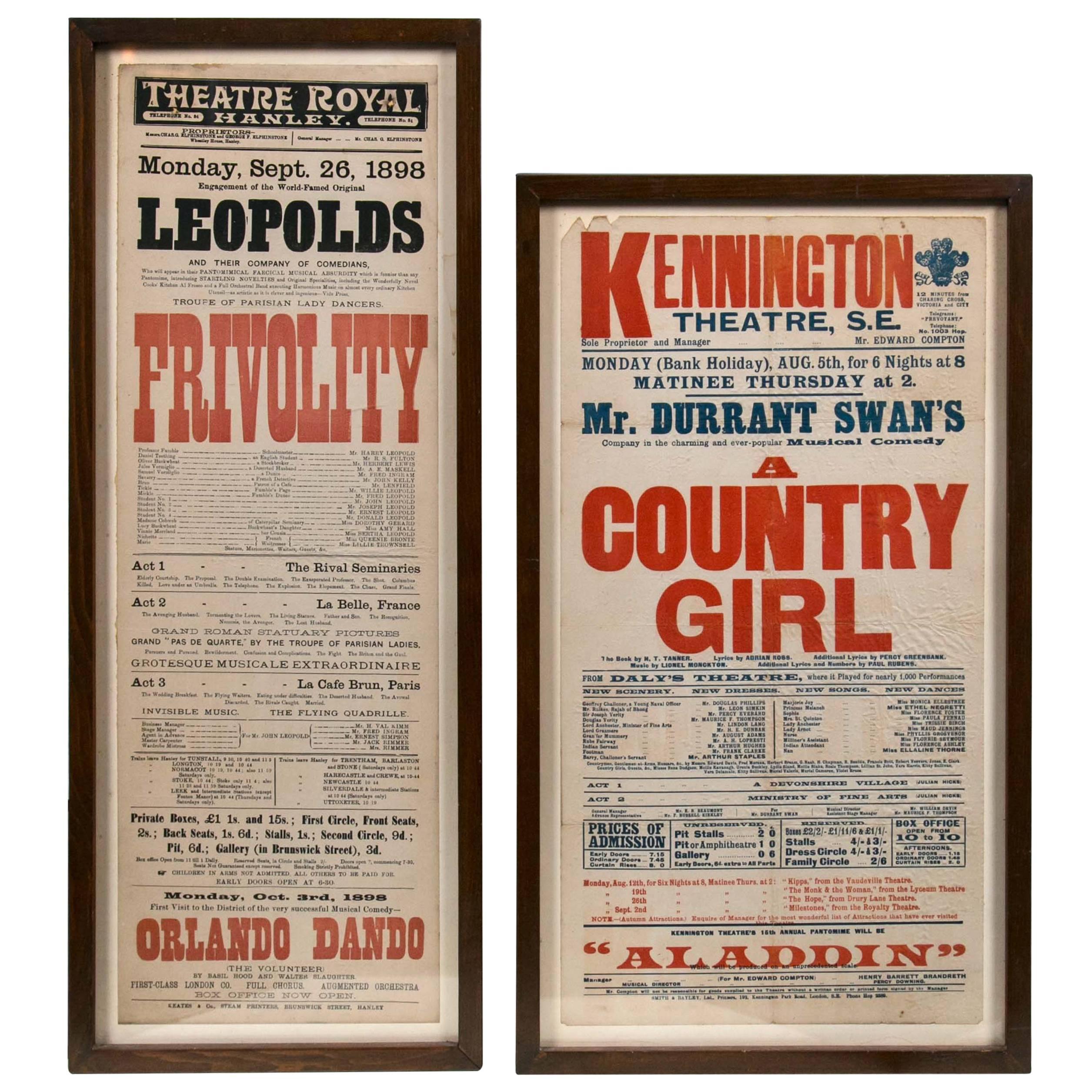 Deux affiches publicitaires de théâtre anglais, datant d'environ 1900 en vente