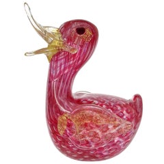 Barovier Toso Murano - Figurine d'oiseau en verre d'art italien rose moucheté d'or