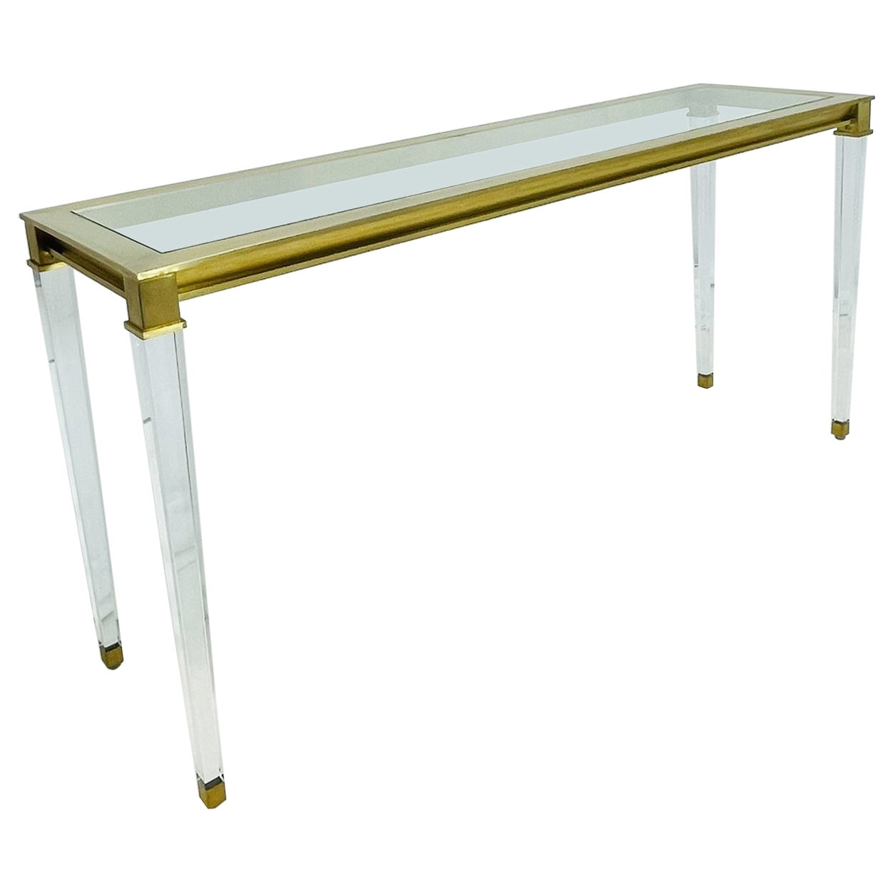 Lucite & Brass Console Table With Glass Top after Charles Hollis Jones. For Sale