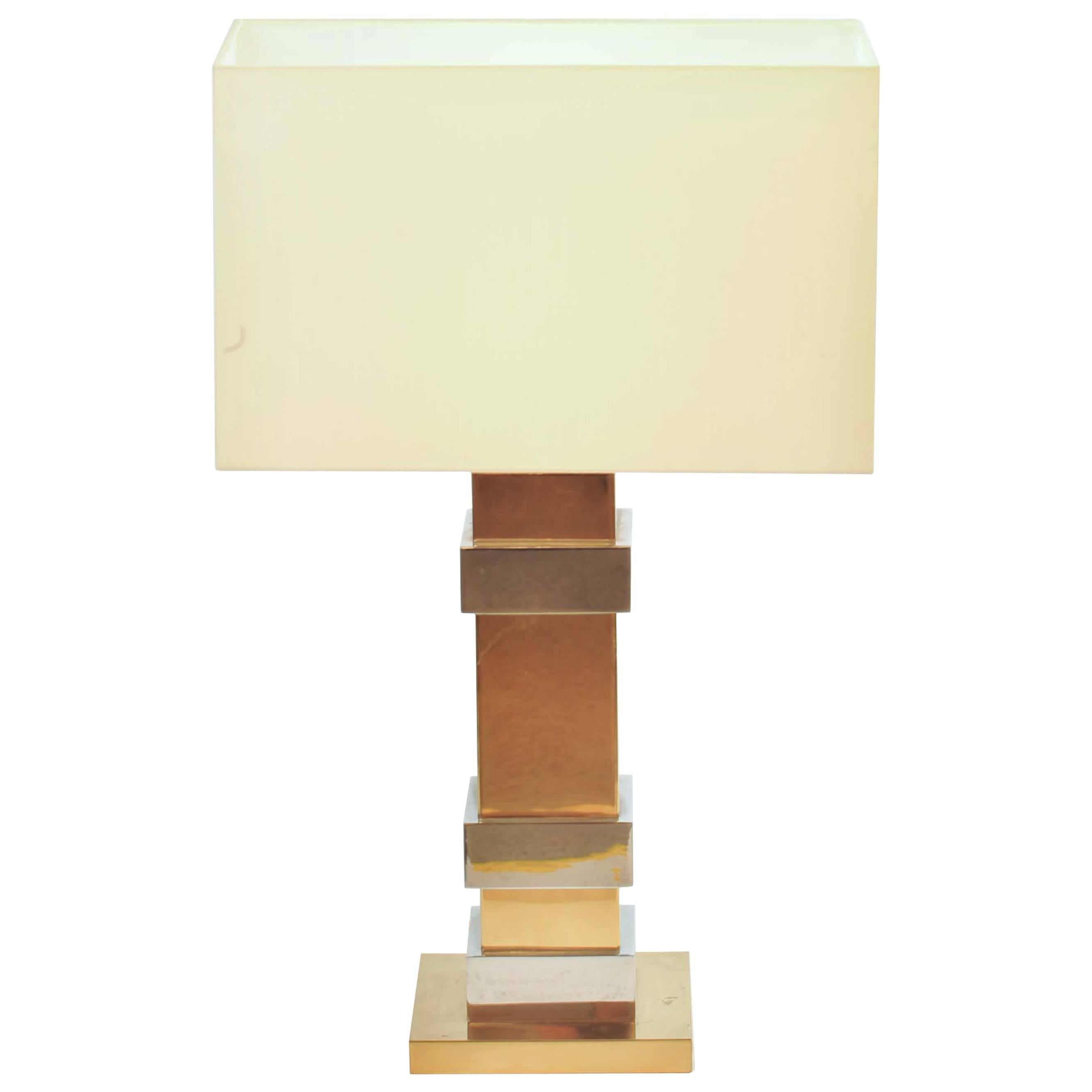 1960's Geometric Table Lamp in Brass and Chrome Attributed to Maison Charles