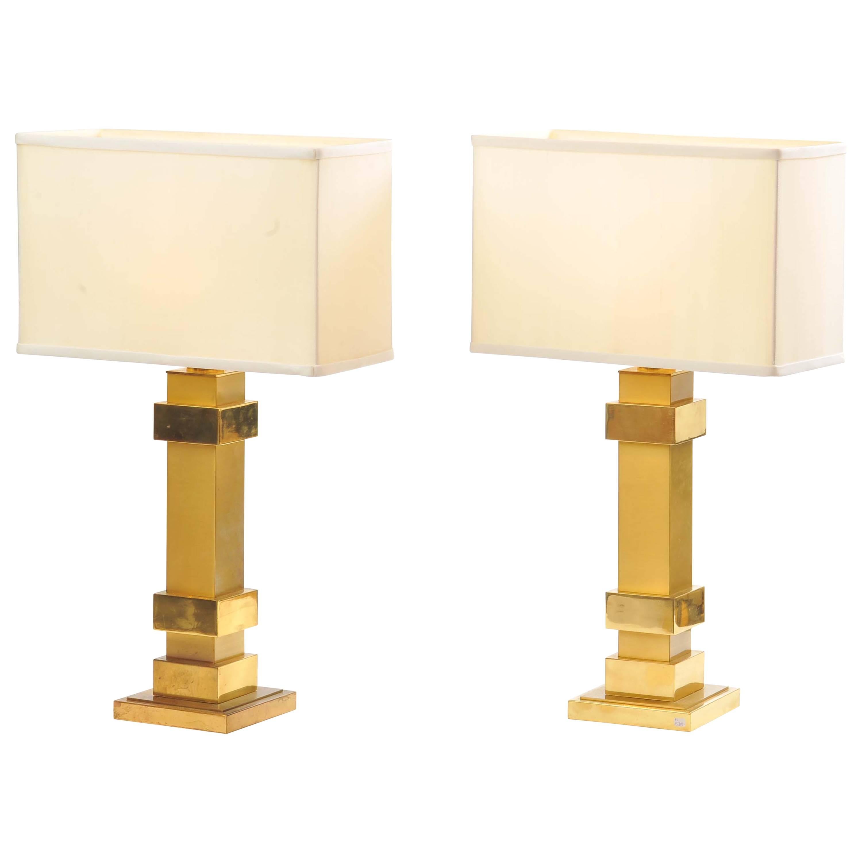 1970's Pair of Brass Angular Table Lamps by Maison Charles