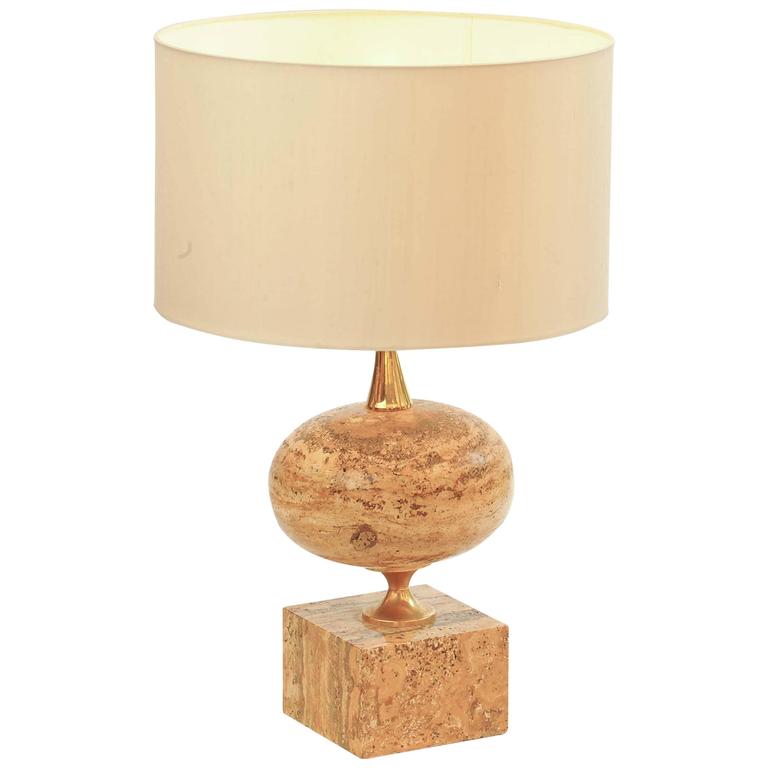 1970's Geometric HandCarved Travertine Table Lamp by Maison Barbier
