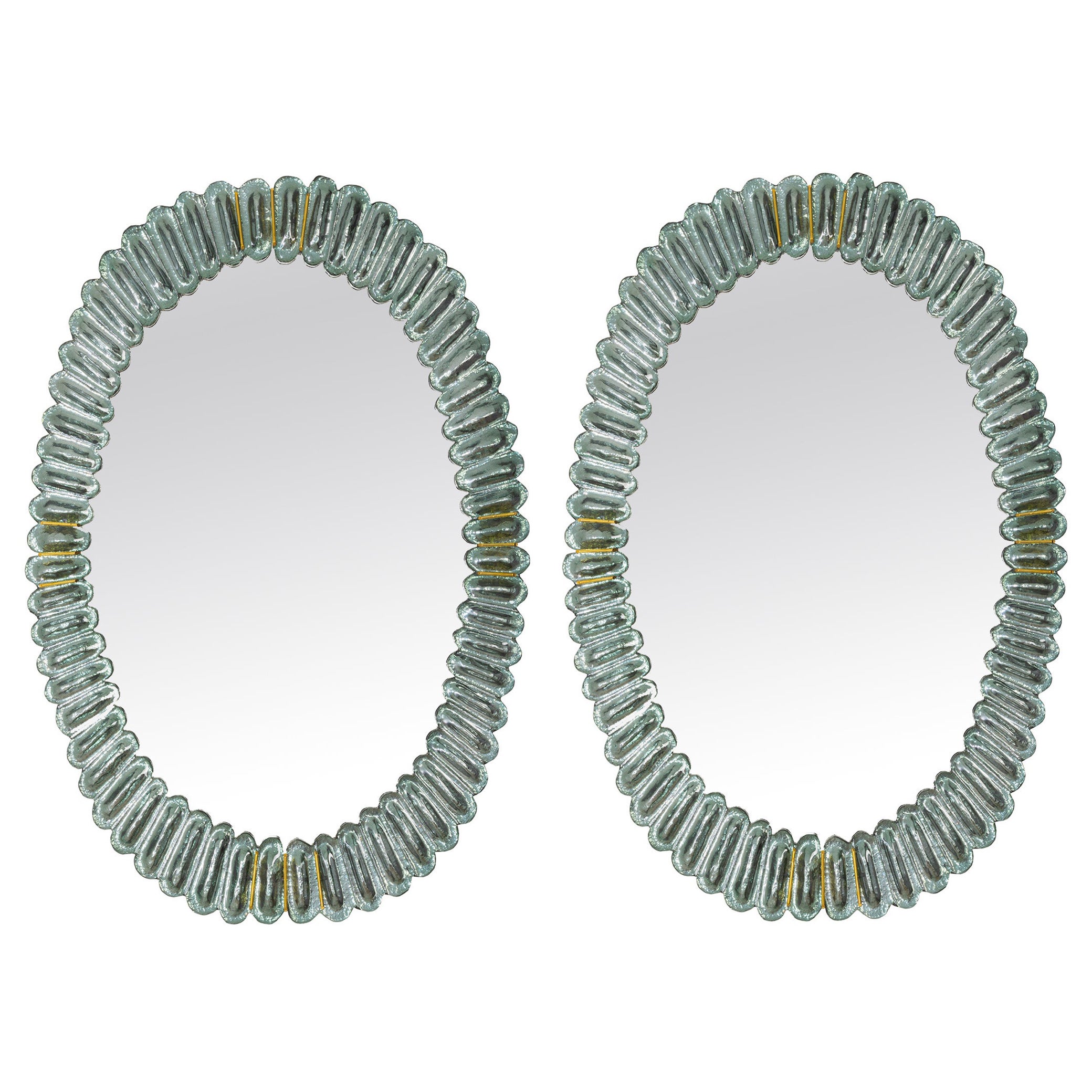 Pair of Large Oval Aqua Murano Glass Mirrors, in Stock