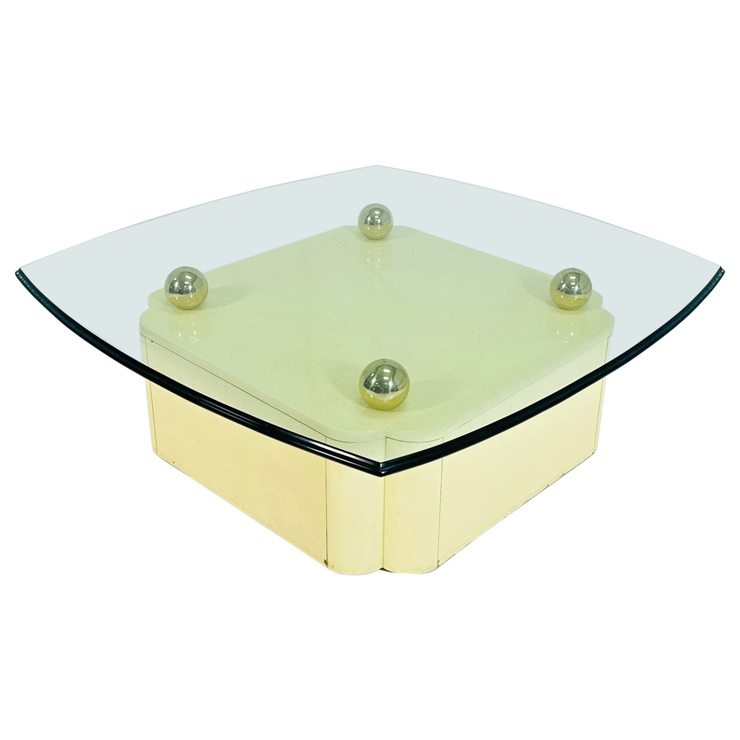 Vintage Coffee Table With Brass Accents & Glass Top after Karl Springer