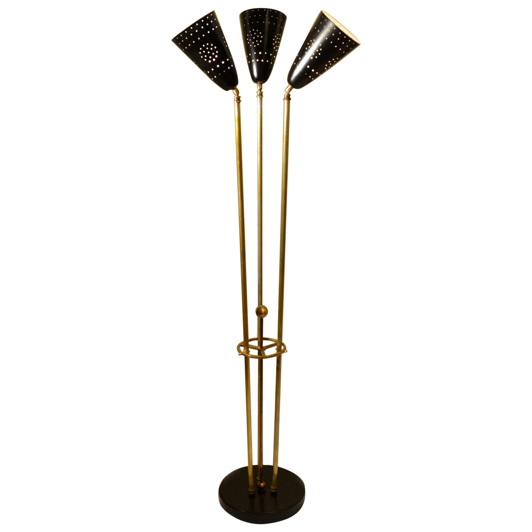 Italian 1950s Floor Lamp with Articulated Black Perforated Shades and Brass For Sale