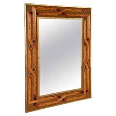 Mid-20th Century Rattan Inlay Brass Framed Wall Mirror