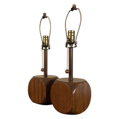 Mid Century Modern Cube Wood Table Lamps, a Pair