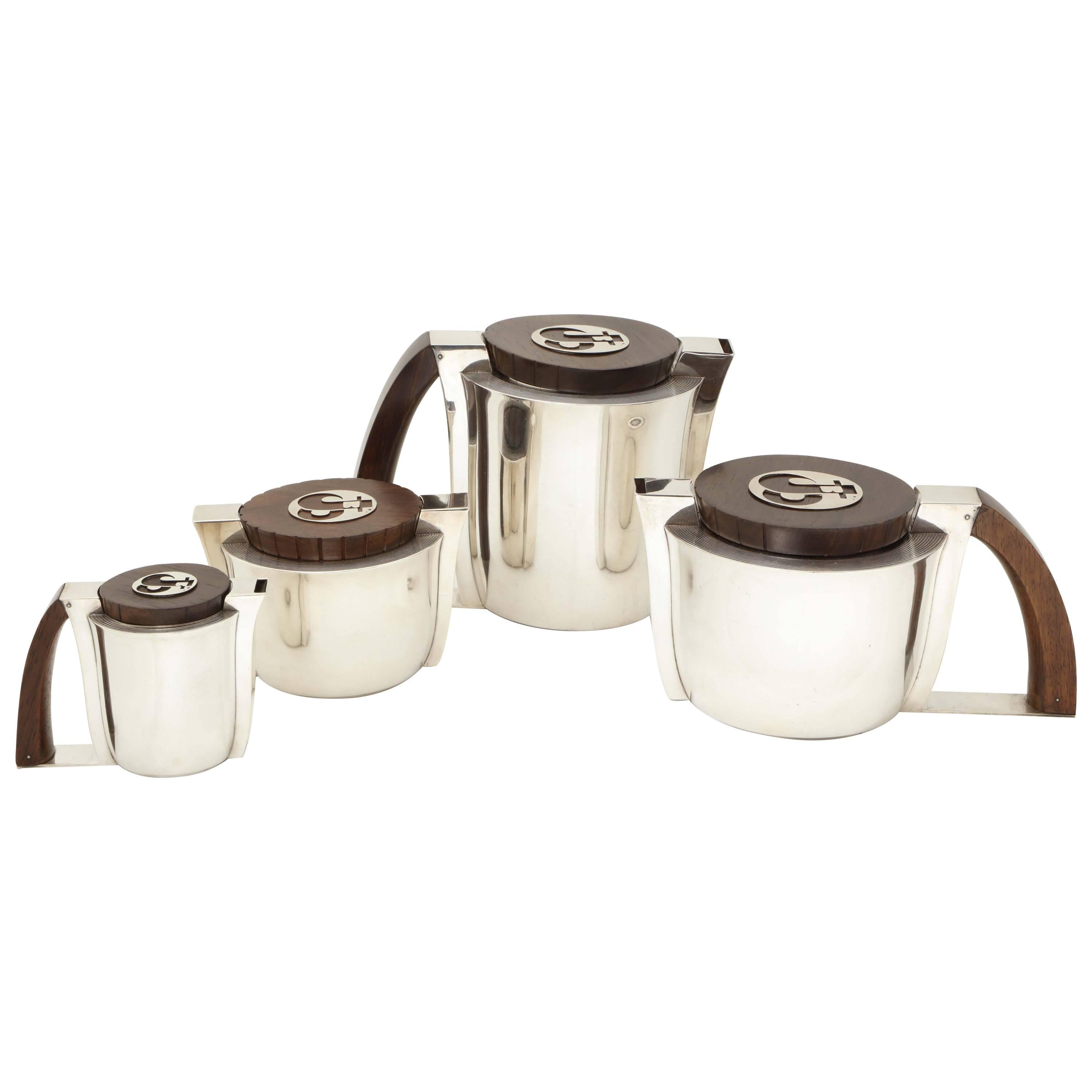 Jean E Puiforcat Sterling and Wood French Art Deco Teaset, 1935 For Sale