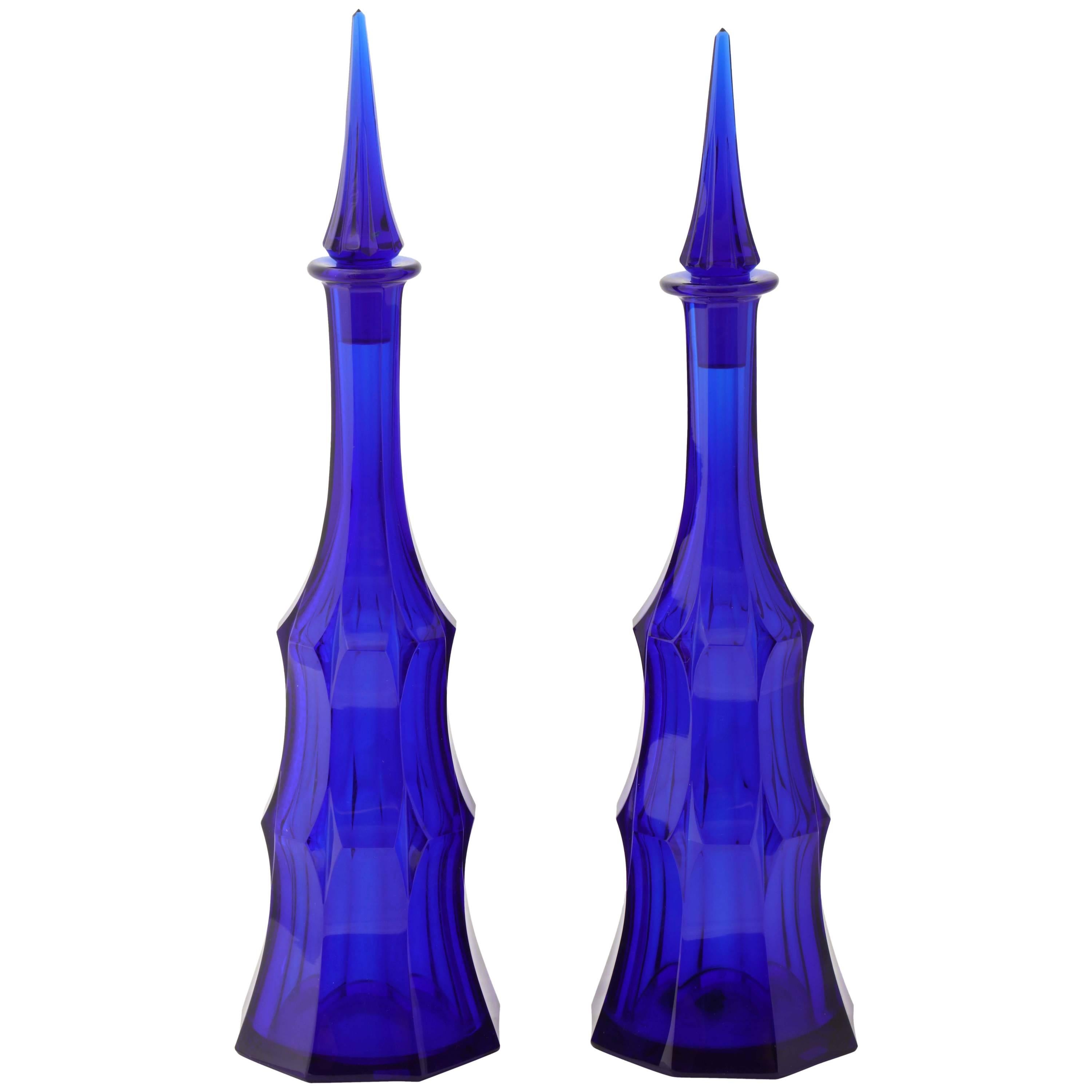 Pair of Cobalt Blue Wheel Carved Moser Decanters, circa 1918 For Sale