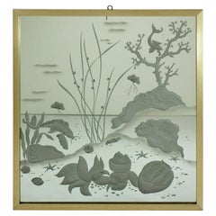 1930 Luigi Brusotti Fondale marino inciso conchiglia di pesce Specchio da parete Art&Deco italiano