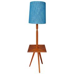 Teak Tripod Floor Lamp with Turquoise Shade and Built-in Table
