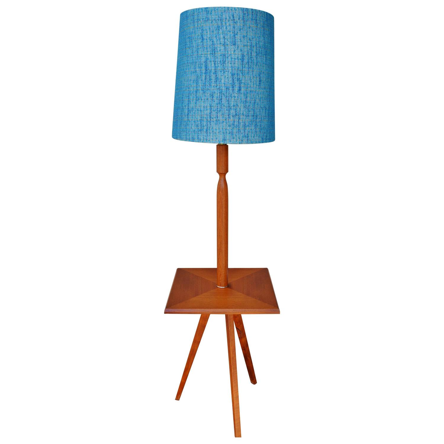 Teak Tripod Floor Lamp with Turquoise Shade and Built-in ...