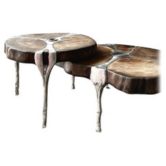 Brutalistischer handgefertigter Couchtisch aus Aluminiumguss und Holz von Sergio Vulpe