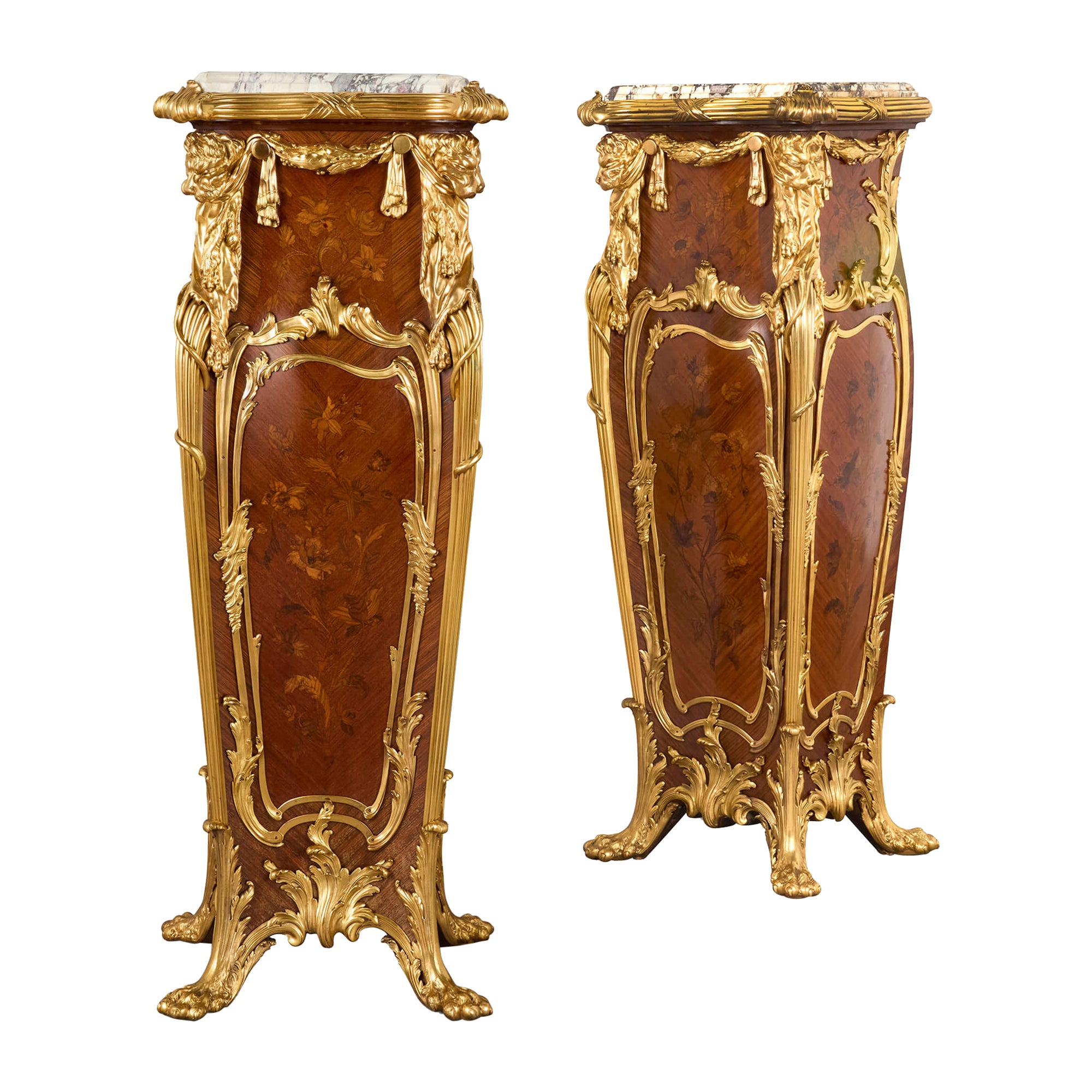 Pair of Antique Louis XV Style Ormolu Mounted Marquetry Pedestals