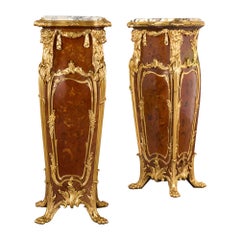 Pair of Antique Louis XV Style Ormolu Mounted Marquetry Pedestals