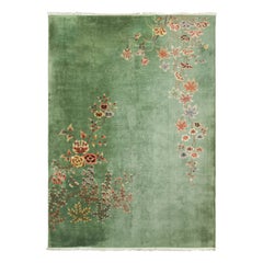 Antique Chinese Art Deco Rug in Green with Colorful Floral Pattern Rug & Kilim