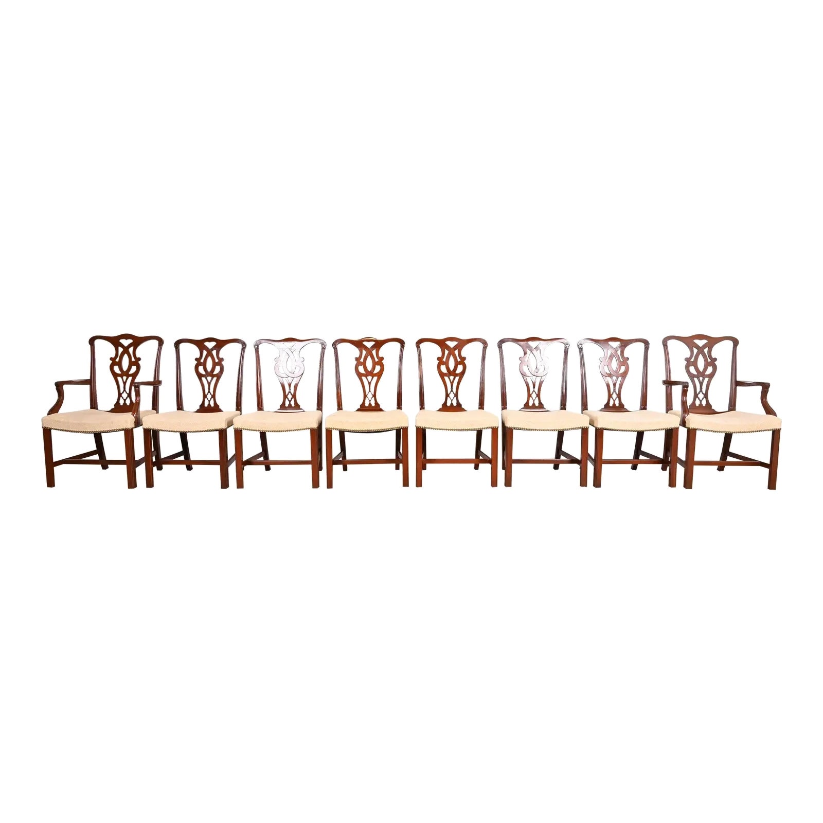 Baker Furniture Georgian Carved Mahogany Dining Chairs, Set of Eight