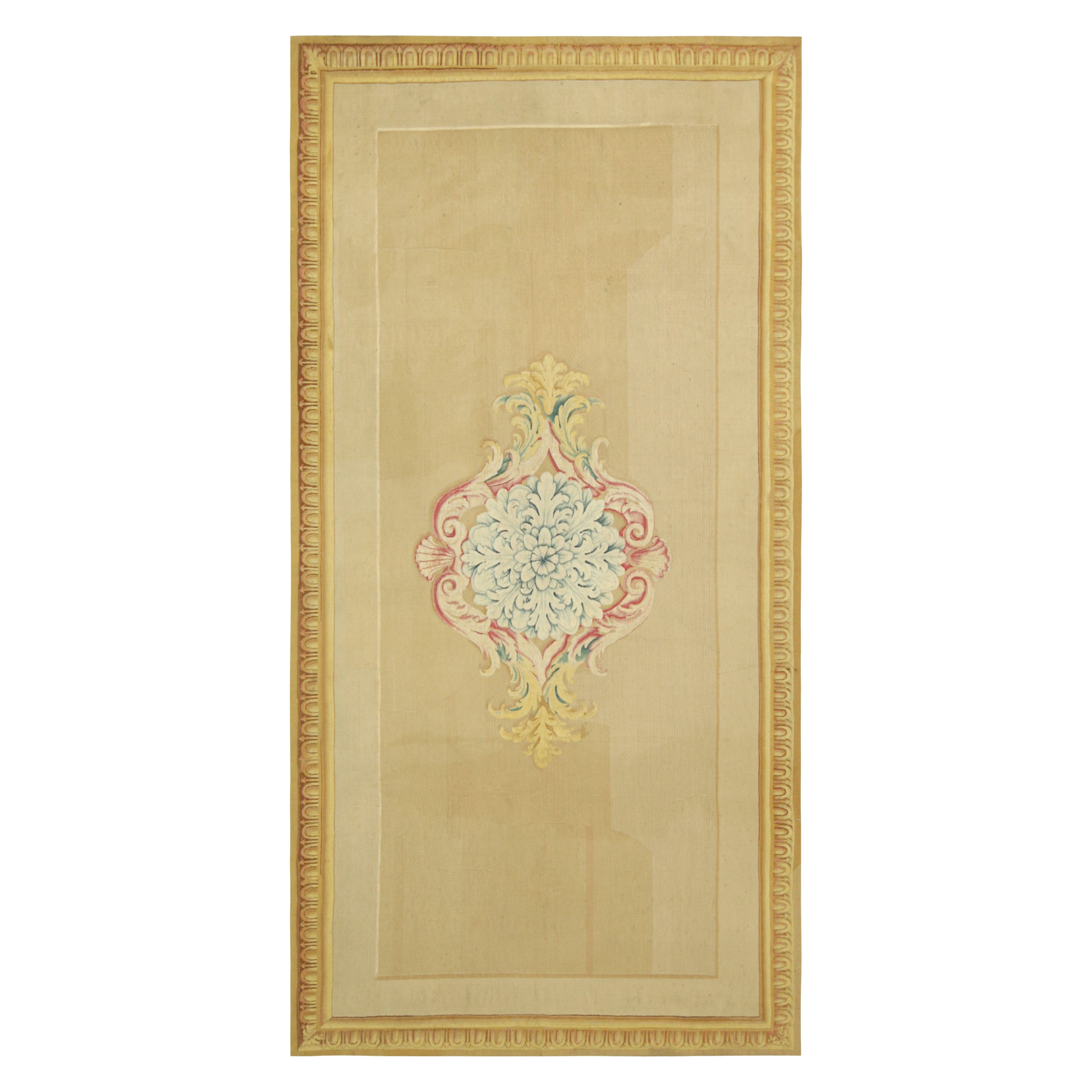 Antique Aubusson Runner Rug in Gold with Floral Medallion  Rug & Kilim