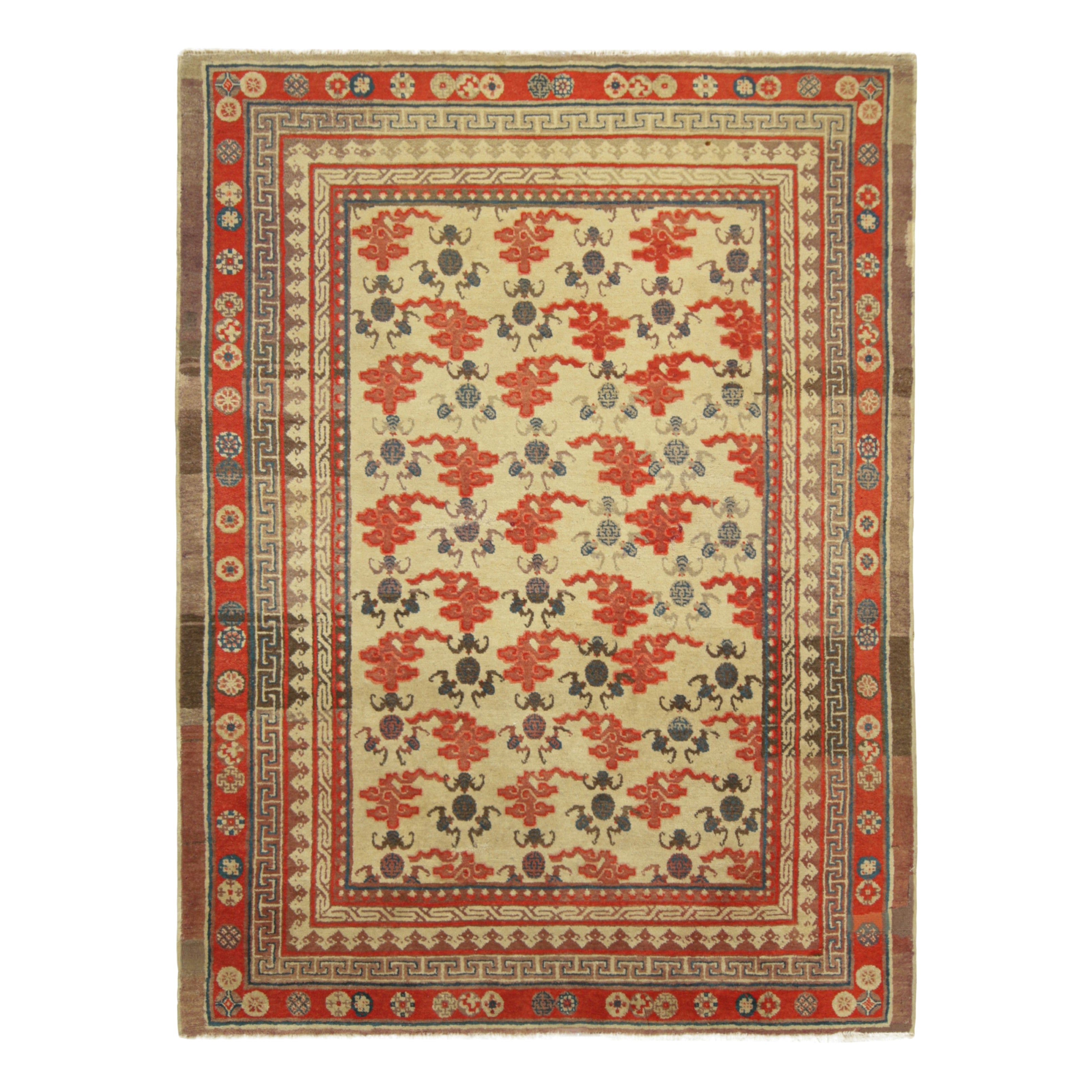 Antique Chinese Art Deco Rug in Cream and Red with Cloud Patterns  Rug & Kilim