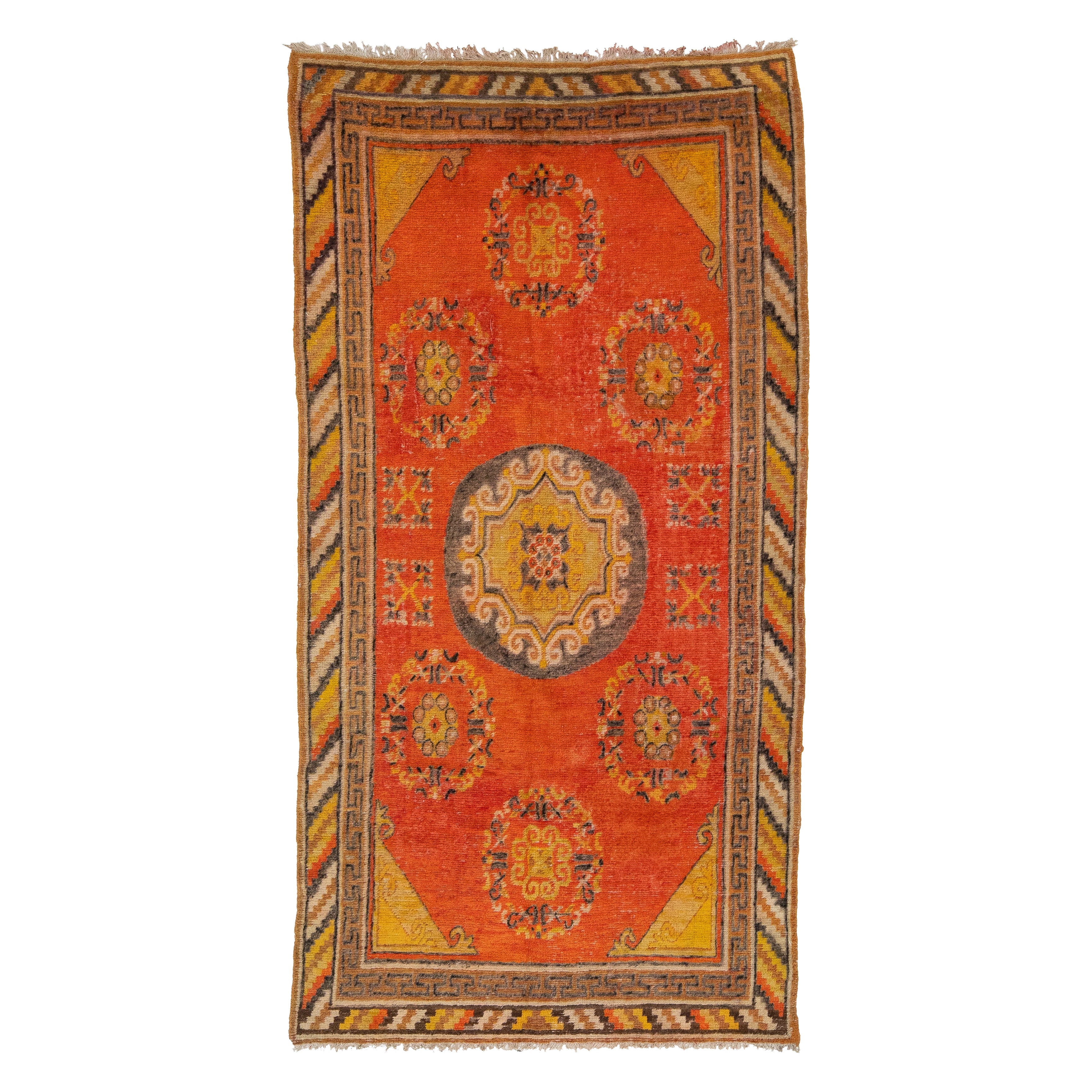 Antiker Samarkand-Wollteppich Handgefertigt mit Medaillonmuster in Orange im Angebot