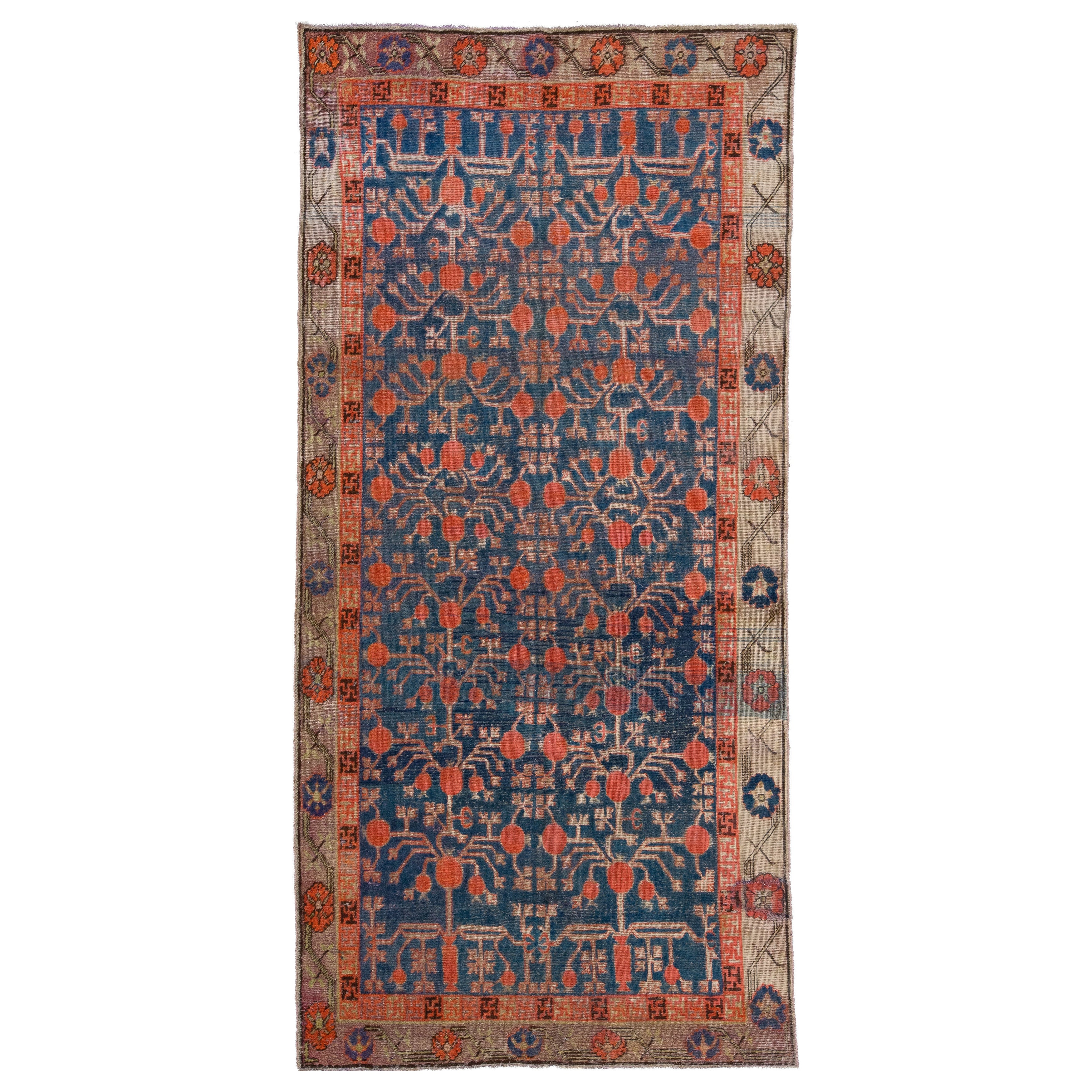 Antiker handgefertigter Samarkand-Wollteppich in Blau mit Allover-Motiv