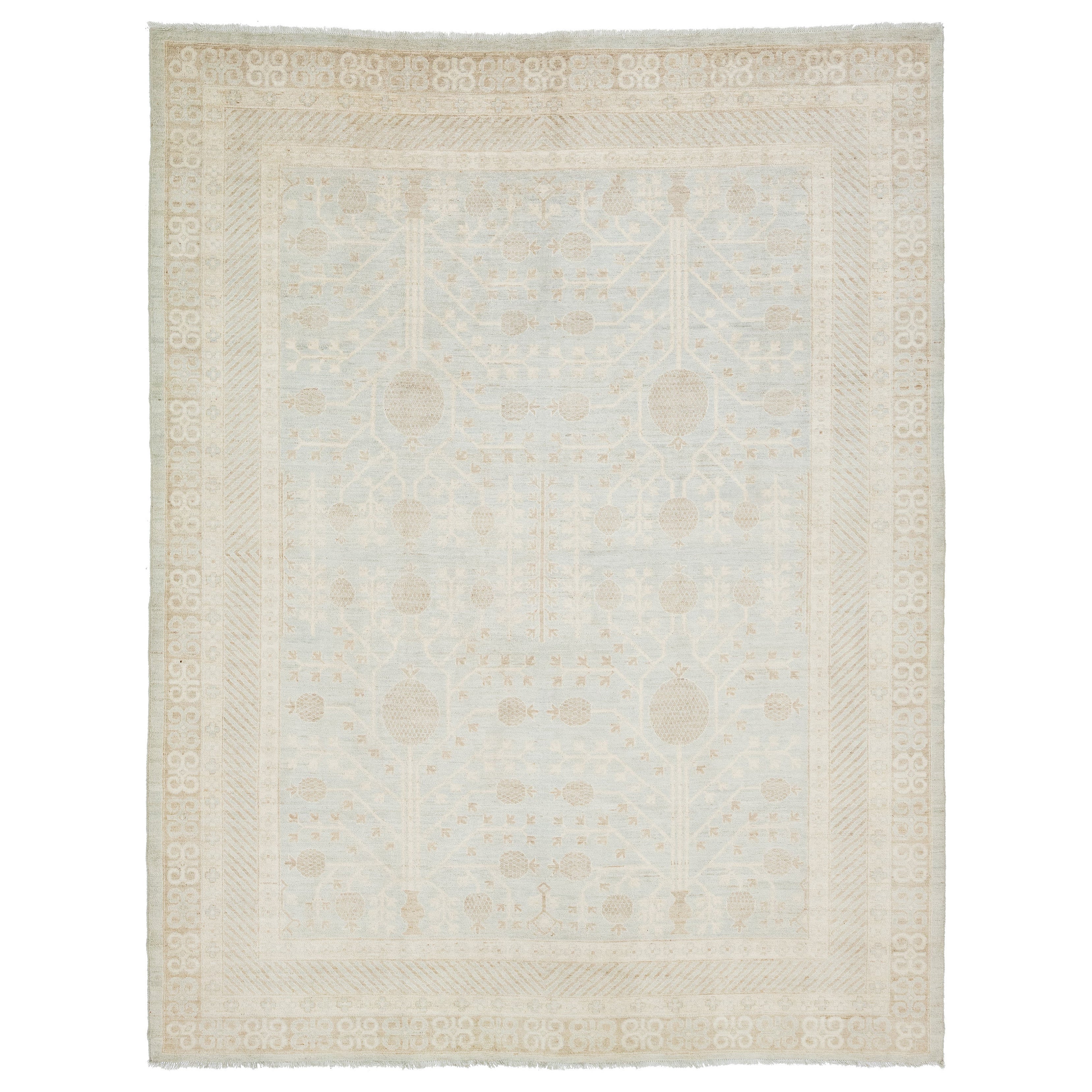 Modern Khotan Style Handmade Light blue Wool Rug with Allover Motif