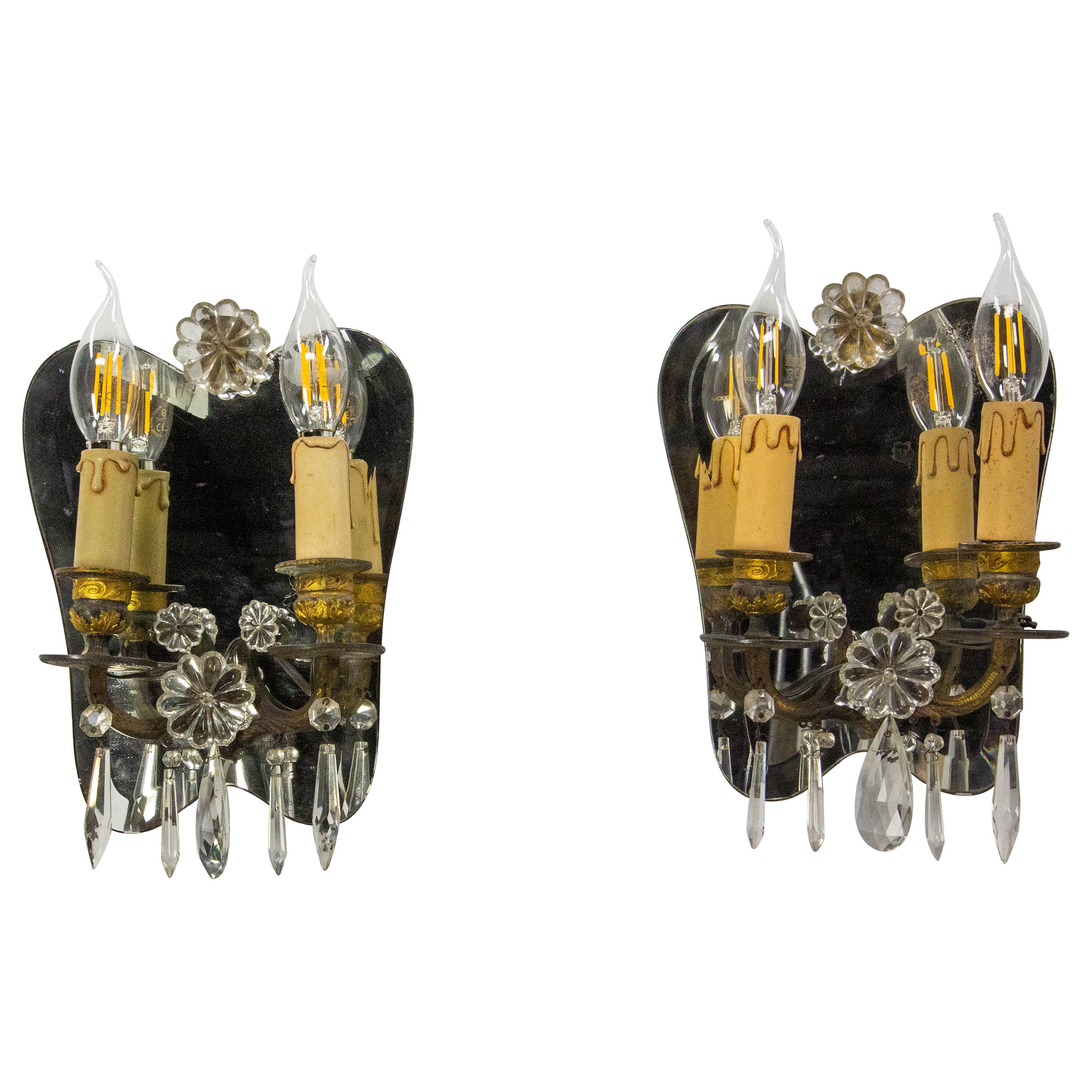 Paire d'appliques doubles en bronze et miroir de style Louis XV circa 1960