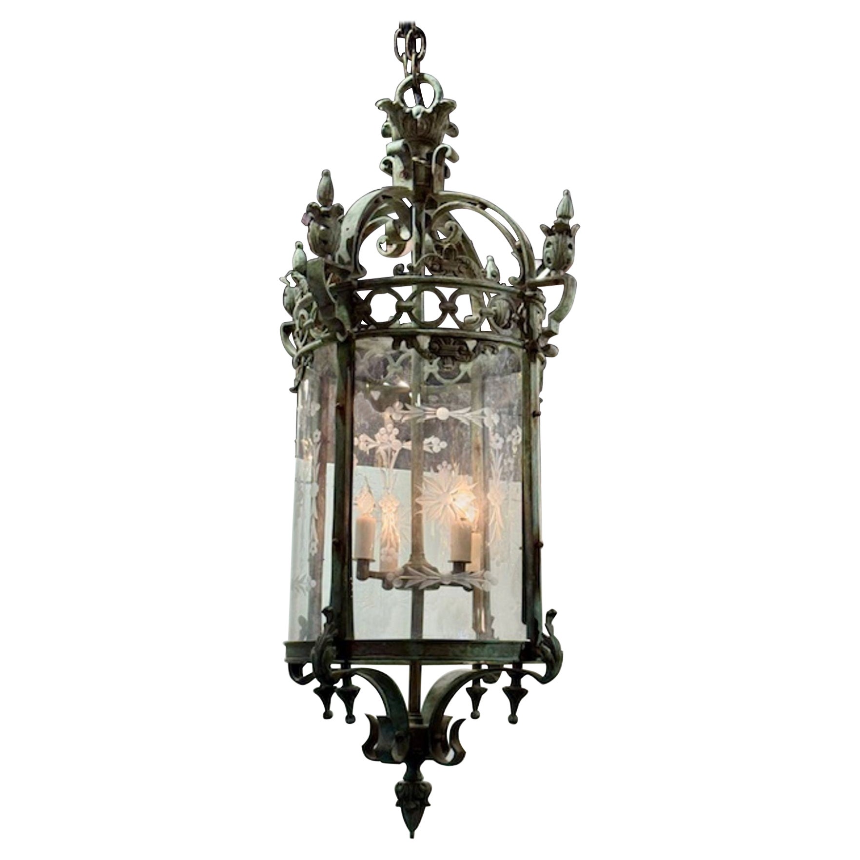 Antique English Pantinated Iron Lantern with Etched Glass