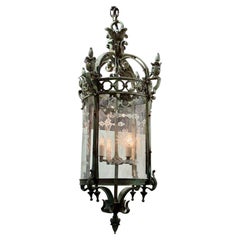 Antique English Pantinated Iron Lantern with Etched Glass