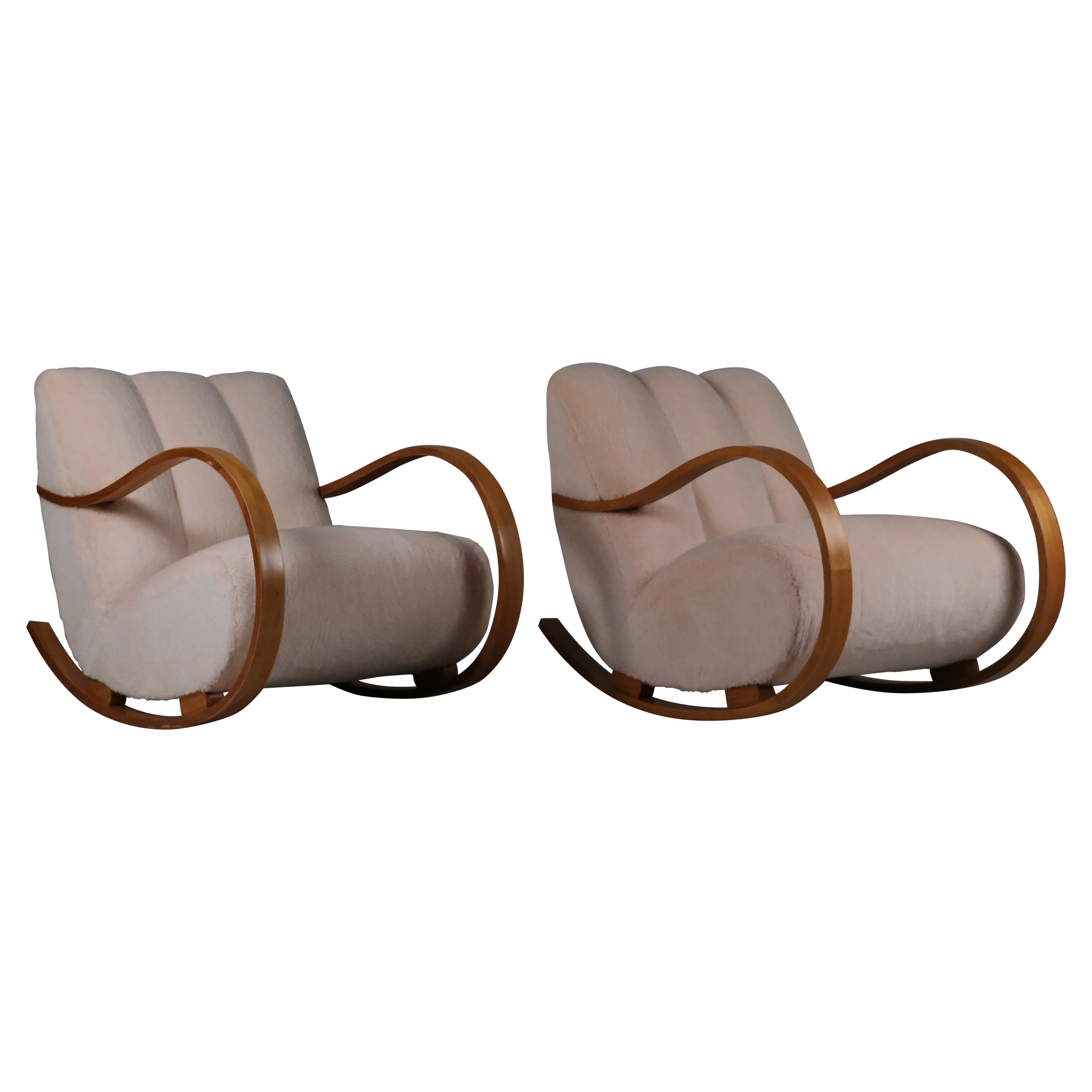 Fauteuils à bascule suédois, orme et alpaca, années 1940