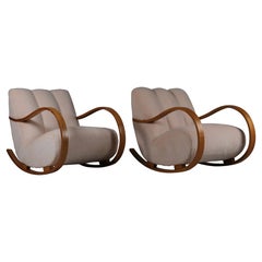 Swedish designer rocking chairs, elm and alpaca, 1940s